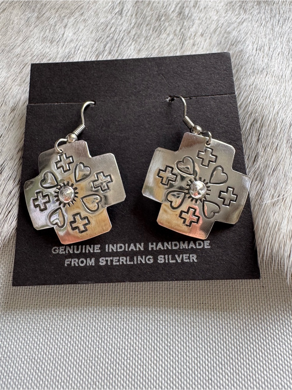 Native American Sterling Silver Heart & Cross Earrings